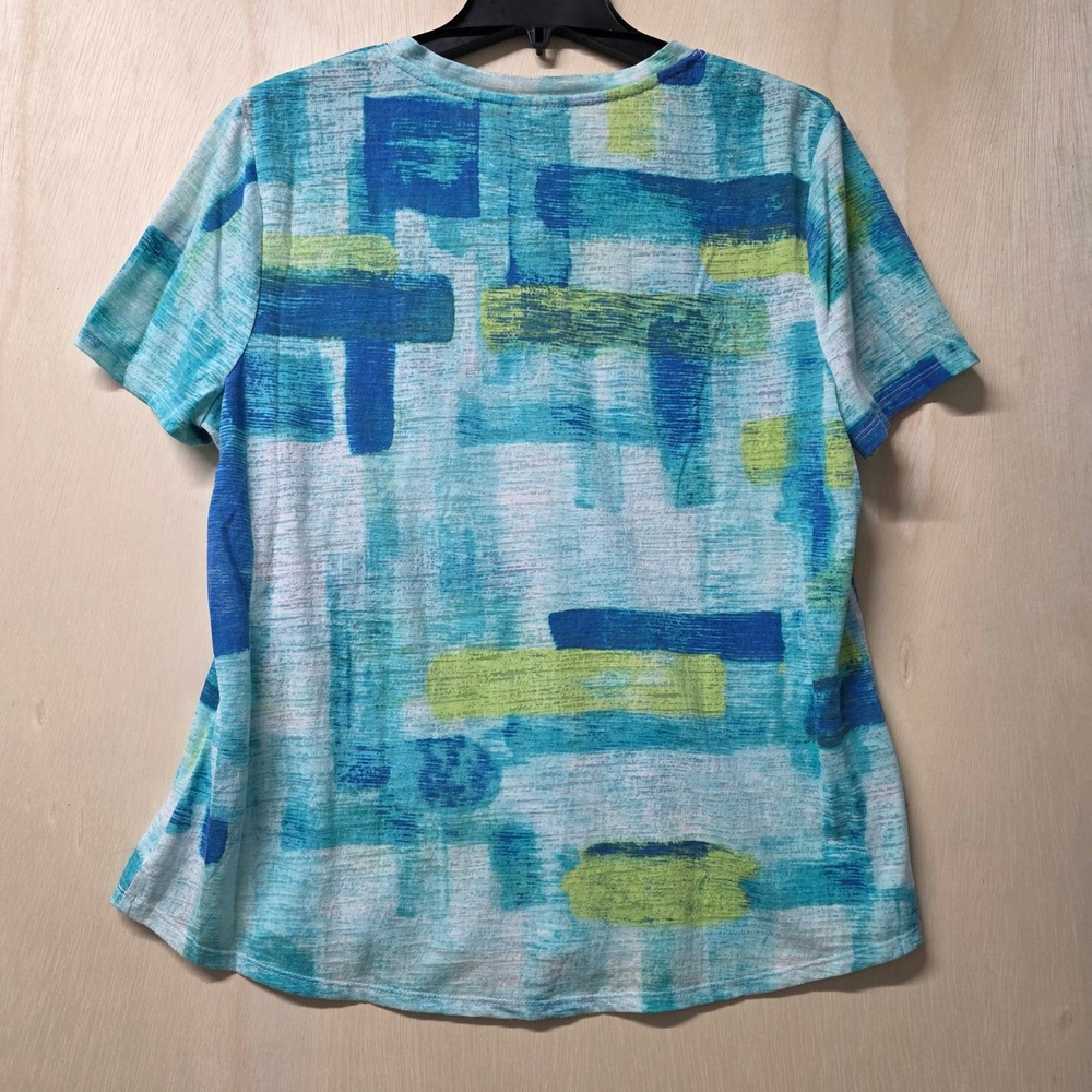 Chico's Abstract Brushstroke V-Neck Top Teal Blue Green Cotton Blend Size 2 L - Picture 9 of 10